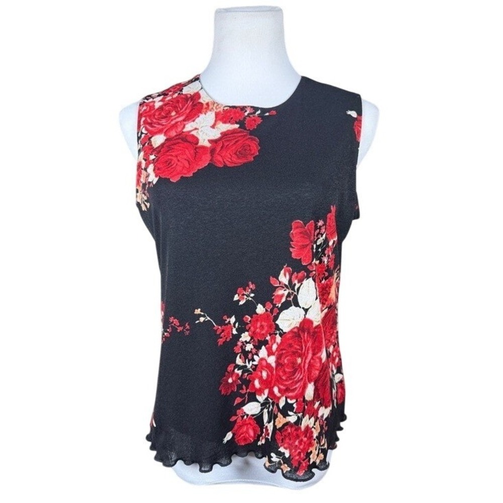 Ninety Womens‎ Black Red Rose Floral Sleeveless Blouse Lettuce Edge Large 393617